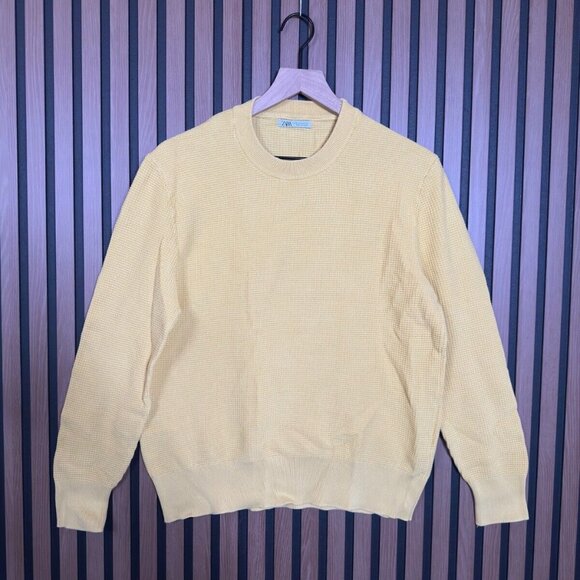 Zara Sweater Medium Mens Yellow Thermal Knit Long Sleeve Crewneck Sweatshirt - Picture 1 of 7
